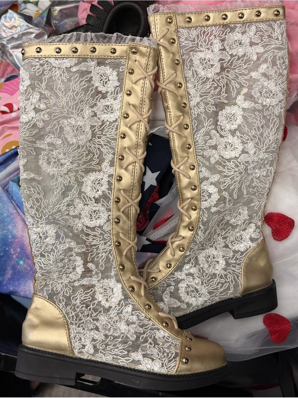 Trish Scully Gramercy Lace-Overlay Knee Boots - Elegant Metallic Detail